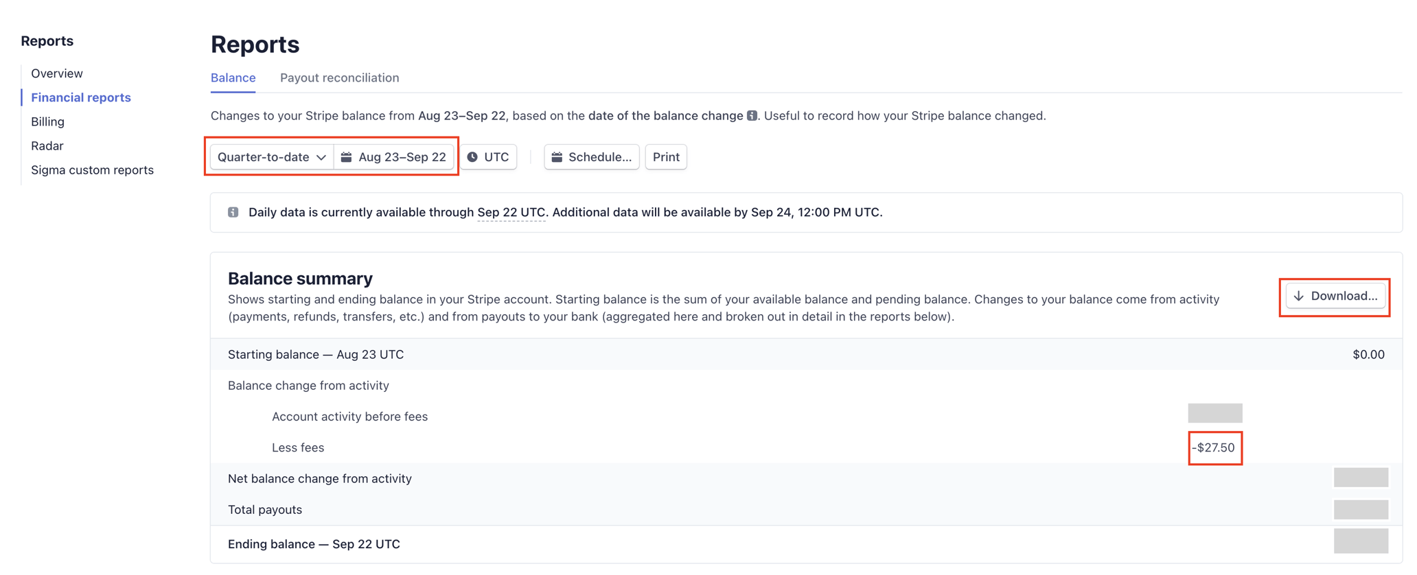 Stripe fees - How to download financial report